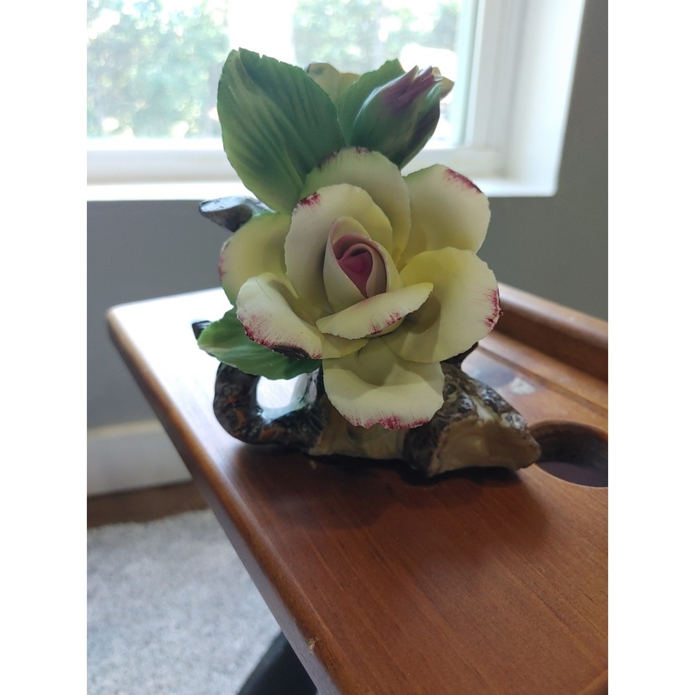 Vintage Capodimonte Italy Rose Figurine Vase Small White Purple Tips Hand Paint